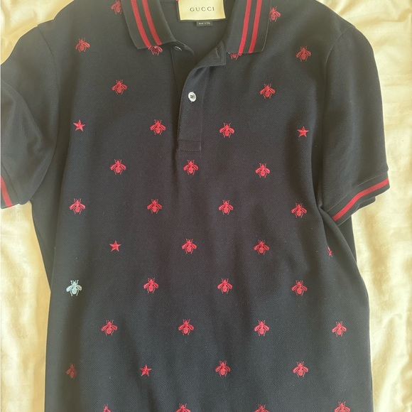 Gucci Black Polo Shirt with Red Bee Pattern